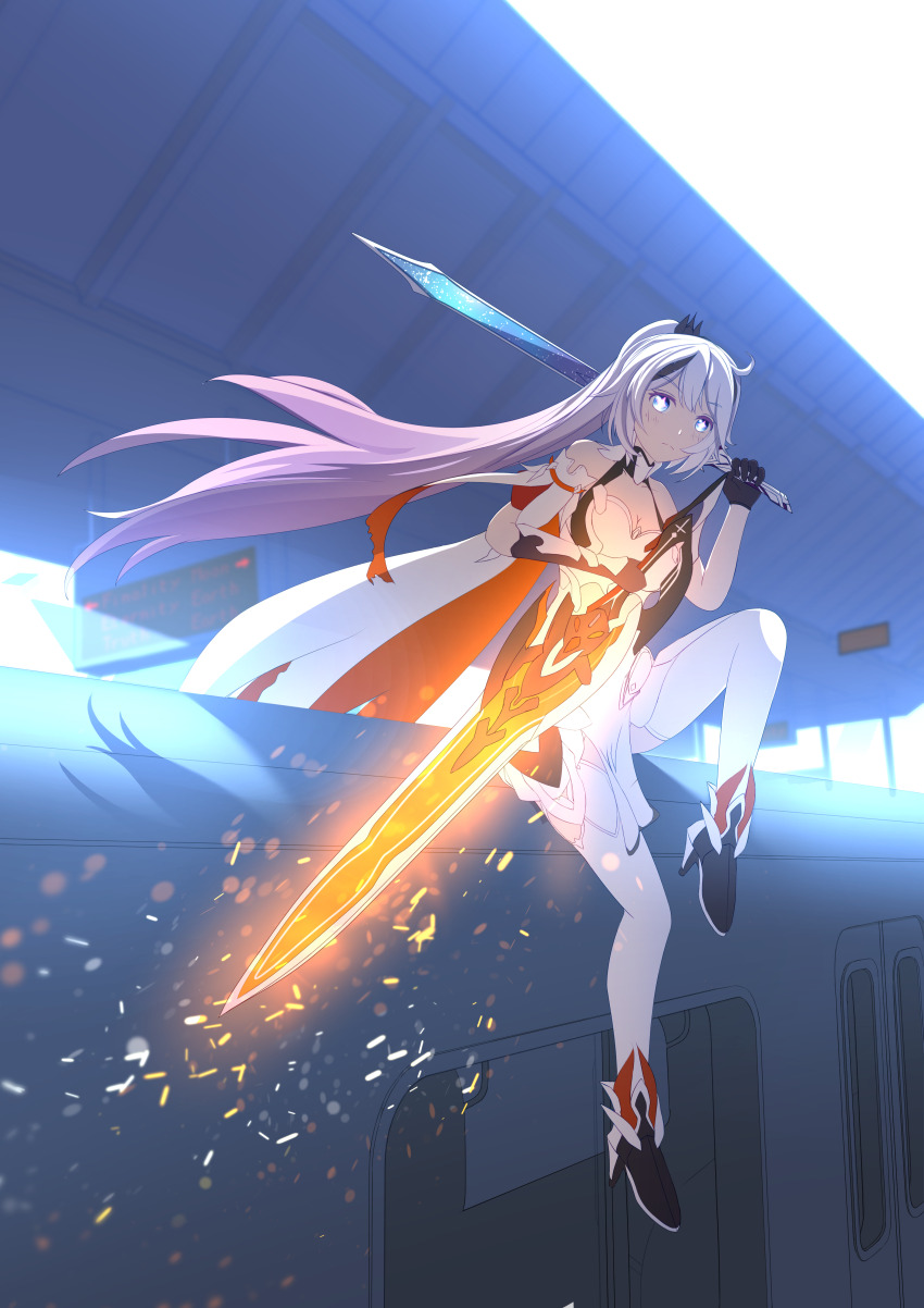 1girl, absurdres, armor, armored_leotard, asymmetrical_dual_wielding, asymmetrical_gloves, bare_shoulders, blue_eyes