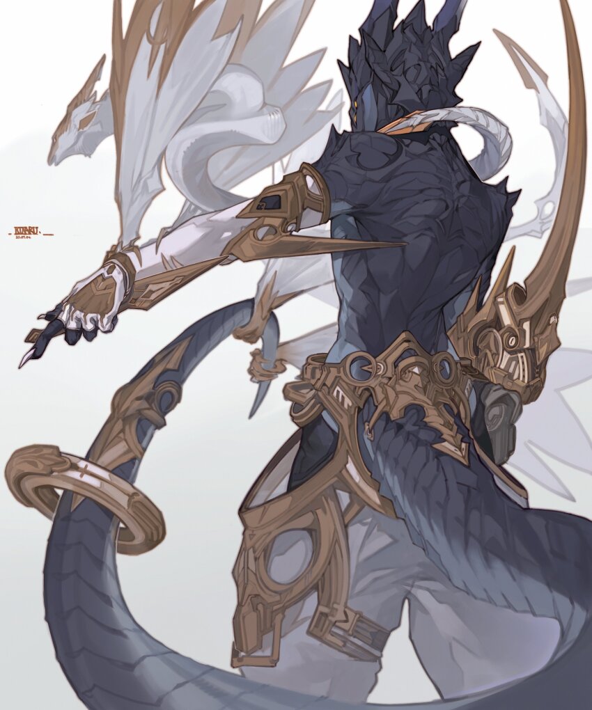 1boy, absurdres, artist_name, back, claws, clothing_cutout, cowboy_shot, creature_on_hand