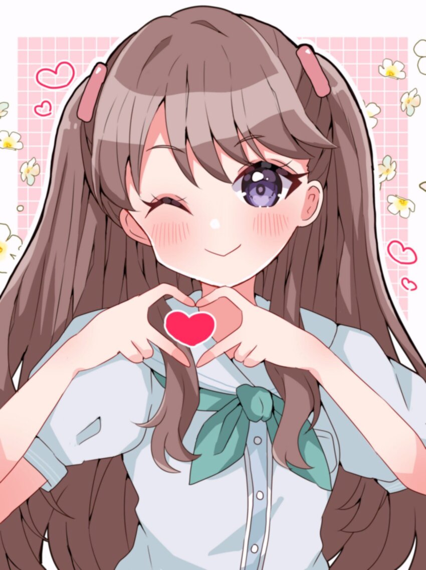 1girl, :>, ;), ametan_(meteo_impact), aqua_neckerchief, blush, border, brown_hair