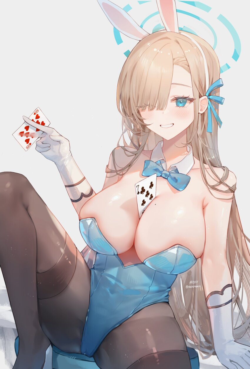 1girl, absurdres, animal_ears, asuna_(blue_archive), asuna_(bunny)_(blue_archive), bare_shoulders, black_pantyhose, blue_archive