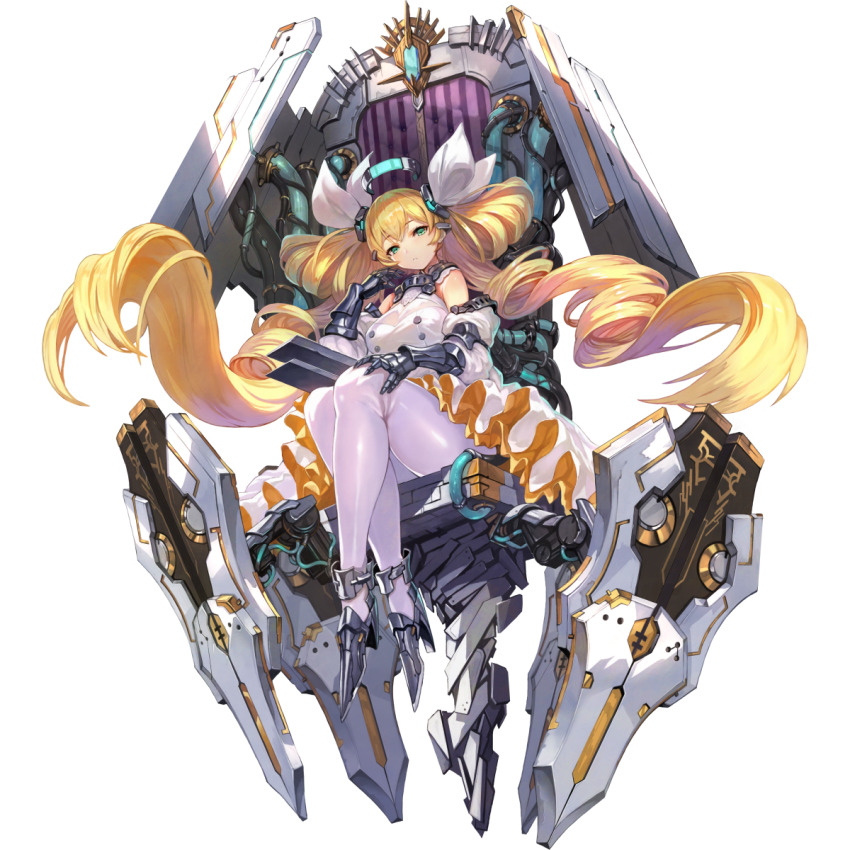 1girl, armored_gloves, armored_shoes, artist_request, blonde_hair, buttons, chair, crossed_legs