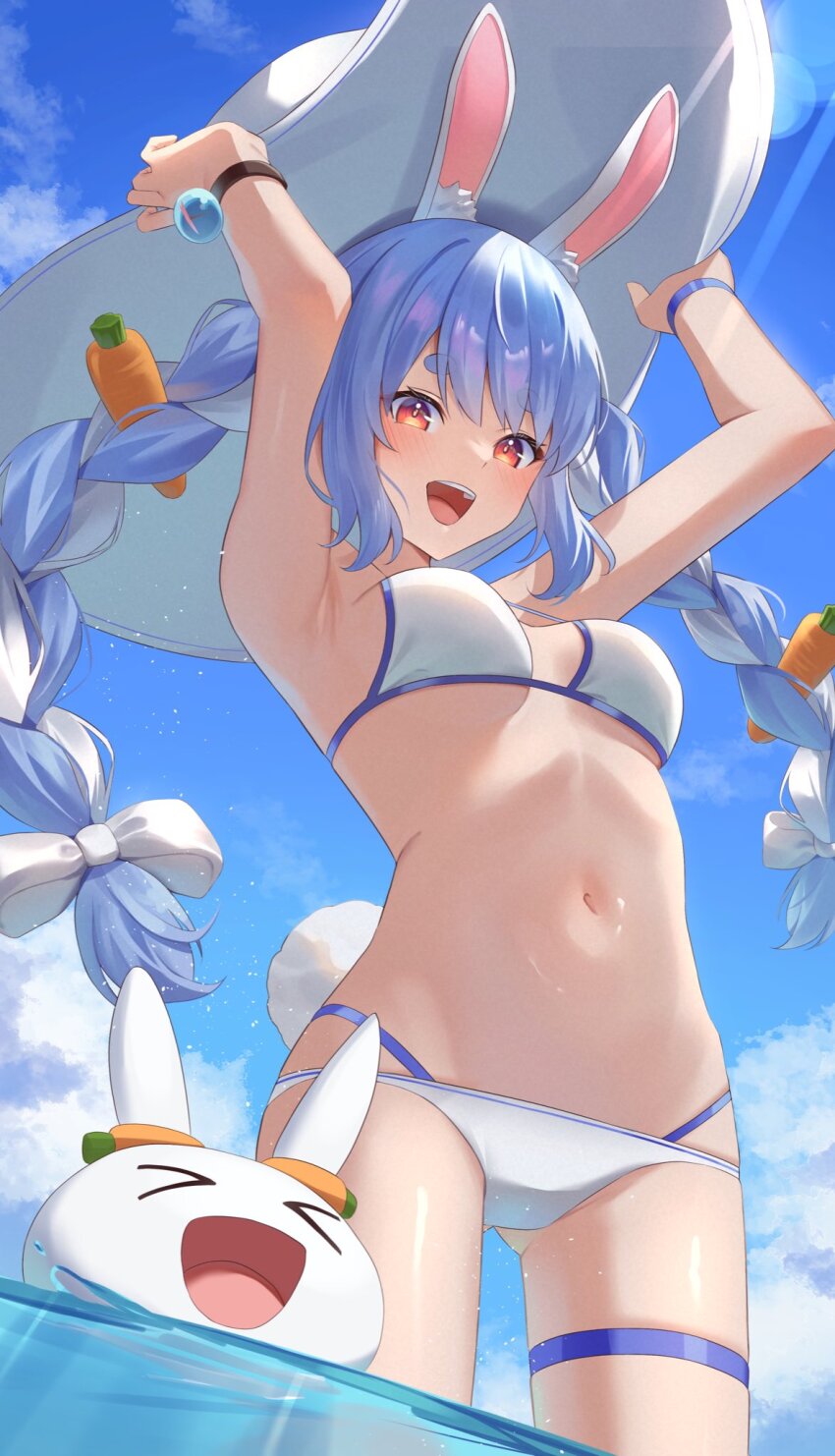 alternate_costume, animal_ear_fluff, animal_ears, bikini, blue_hair, braid, breasts, carrot_hair_ornament