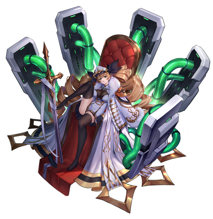 1girl, aiguillette, artist_request, black_footwear, black_gloves, blonde_hair, breasts, chair