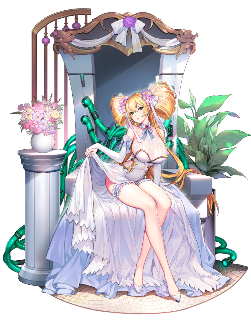 1girl, alternate_costume, alternate_hairstyle, artist_request, blonde_hair, breasts, bridal_gauntlets, brooch