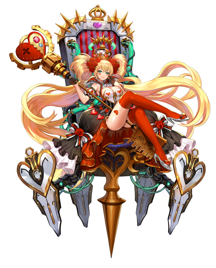 1girl, alternate_hairstyle, artist_request, bare_shoulders, black_gloves, blonde_hair, chair, cleavage_cutout