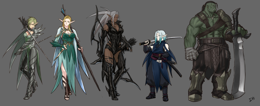 2boys, 3girls, absurdres, arm_tattoo, armor, arrow_(projectile), bandaged_hand, bandages, belt, belt_buckle, blonde_hair, blue_hair, bow_(weapon), breasts, bridal_gauntlets, buckle, celewen, cleavage, collarbone, colored_skin, commentary, dagger, dark-skinned_female, dark_elf, dark_skin, dinelind_(drill_(emilio)), dress, drill_(emilio), dual_wielding, earrings, elf, eyes_visible_through_hair, fingerless_gloves, forehead_tattoo, full_body, gloves, green_eyes, green_hair, green_skin, grey_background, grey_hair, height_difference, high_heels, highres, holding, holding_bow_(weapon), holding_dagger, holding_knife, holding_staff, holding_sword, holding_weapon, huge_weapon, jewelry, katana, knife, leg_tattoo, long_hair, long_pointy_ears, looking_at_viewer, medium_breasts, multiple_boys, multiple_girls, muscular, muscular_female, muscular_male, navel, neytharone_(drill_(emilio)), orc, original, pointy_ears, ponytail, red_eyes, sandals, sheath, sheathed, short_hair, simple_background, spiked_armor, spikes, staff, standing, sword, tattoo, tusks, weapon, yellow_eyes