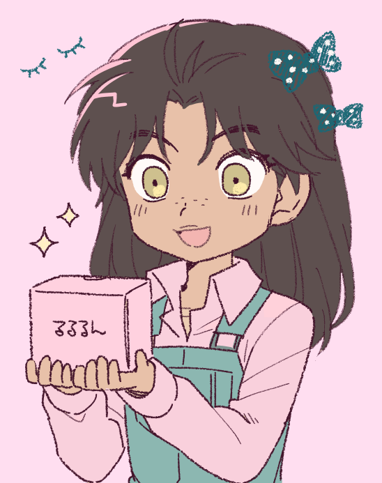 1girl, blue_overalls, brown_hair, collared_shirt, dark-skinned_female, dark_skin, drawn_bow, freckles