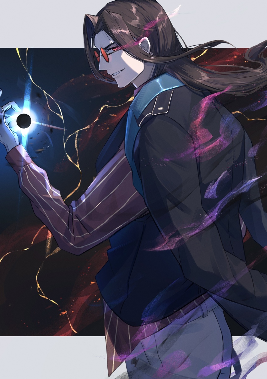 1boy, absurdres, aoshi, aura, brown_hair, commentary, cygames, evil_smile