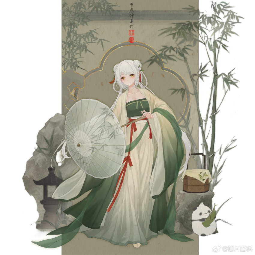 1girl, bamboo, bamboo_shoot, bamboo_steamer, breasts, chinese_clothes, chinese_text, chongqing_(warship_girls_r)