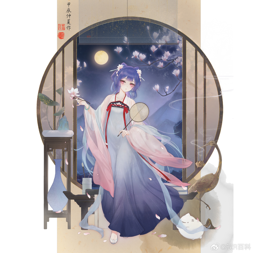 1girl, bird, blue_hair, calligraphy_brush, chinese_clothes, chinese_text, closed_mouth, crane_(animal)