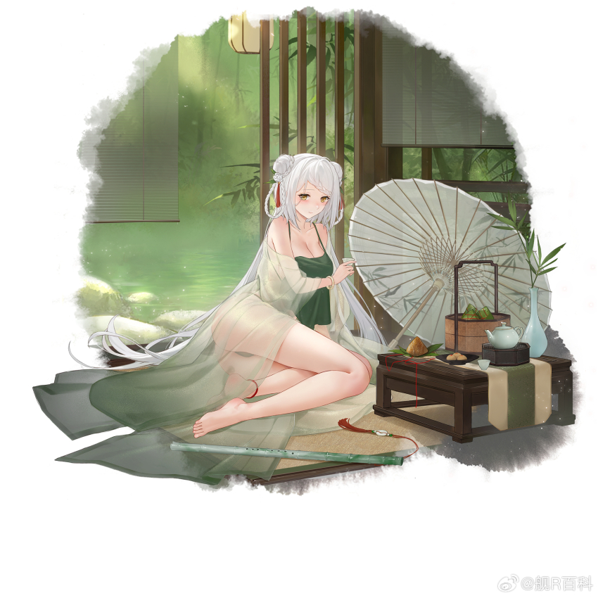 1girl, anklet, bamboo, bamboo_screen, bamboo_steamer, bare_legs, bare_shoulders, barefoot, breasts, chinese_clothes, chongqing_(warship_girls_r), cleavage, closed_mouth, cup, double_bun, dress, dudou, feet, flute, food, full_body, hair_bun, highres, holding, instrument, jewelry, jianr_baike, legs, long_hair, looking_at_viewer, medium_breasts, oil-paper_umbrella, pastry, plant, see-through_clothes, sitting, solo, tassel, teacup, teapot, thighs, toes, umbrella, vase, very_long_hair, warship_girls_r, watermark, weibo_watermark, white_hair, yellow_eyes, zongzi