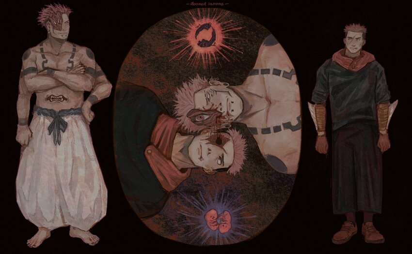 2boys, artist_name, barefoot, black_background, black_jacket, black_nails, closed_mouth, crossed_arms, doomedsarcoma, extra_eyes, full_body, guro, hair_slicked_back, highres, itadori_yuji, jacket, jujutsu_kaisen, jujutsu_tech_uniform, male_focus, missing_eye, multiple_boys, multiple_views, pants, pink_hair, puffy_pants, red_footwear, red_hood, ryoumen_sukuna_(jujutsu_kaisen), ryoumen_sukuna_(true_form)_(jujutsu_kaisen), scar, scar_on_face, short_hair, signature, simple_background, standing, stomach_mouth, topless_male, white_pants