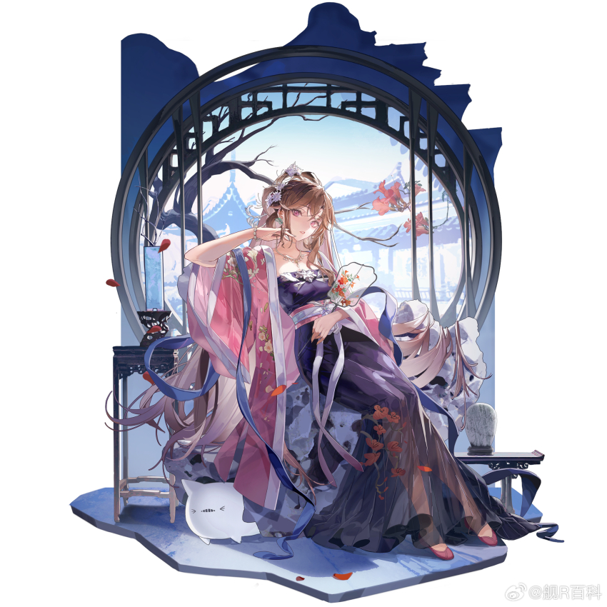 1girl, architecture, branch, breasts, brown_hair, cat, chinese_clothes, dress