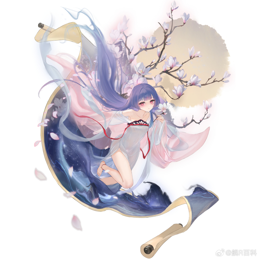1girl, bare_shoulders, barefoot, blue_hair, blush, branch, cherry_blossoms, chinese_clothes