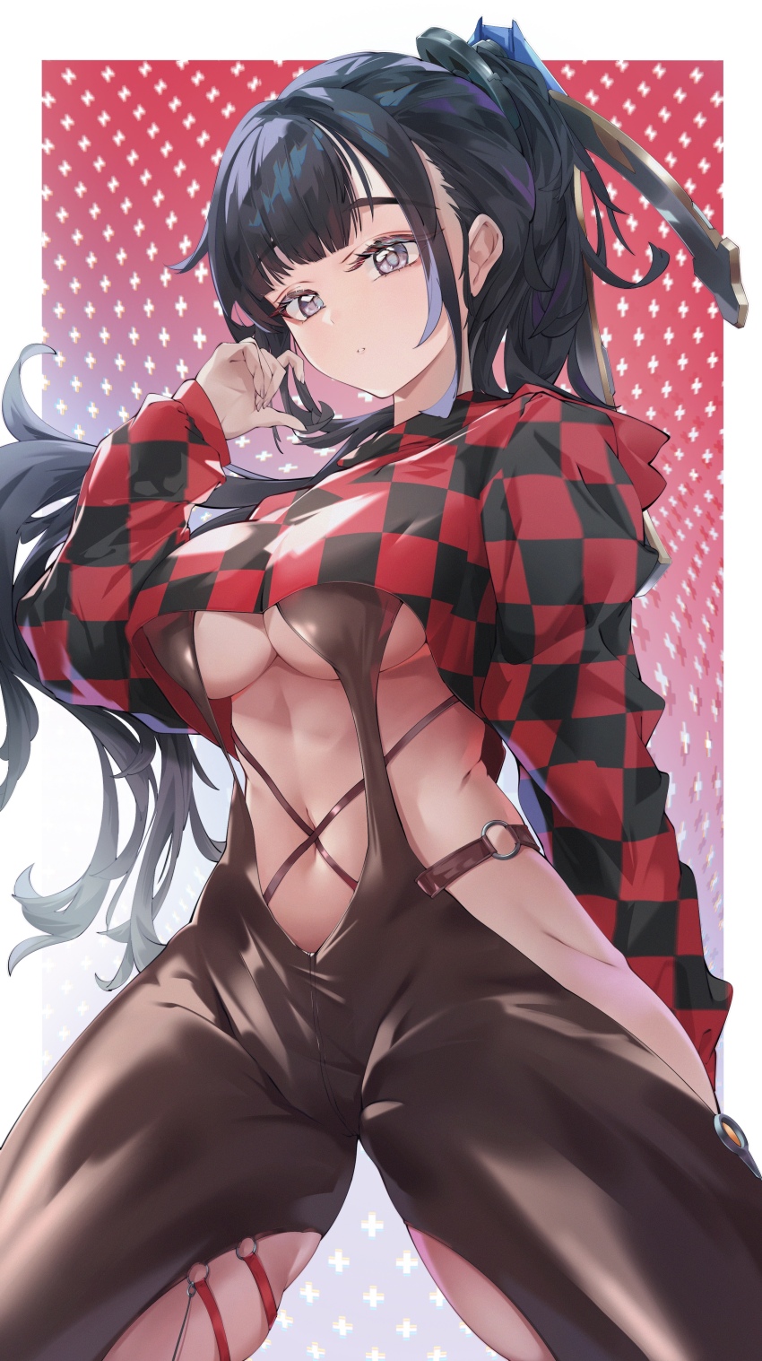 1girl, absurdres, black_bodysuit, black_hair, blunt_bangs, bodysuit, breasts, brown_eyes, checkered_clothes, clothing_cutout, cropped_hoodie, eve_(stellar_blade), highres, hood, hoodie, large_breasts, long_hair, looking_at_viewer, luridrumours, navel, o-ring, ponytail, racer's_high_(stellar_blade), red_hoodie, simple_background, solo, stellar_blade, thighs, underboob, very_long_hair