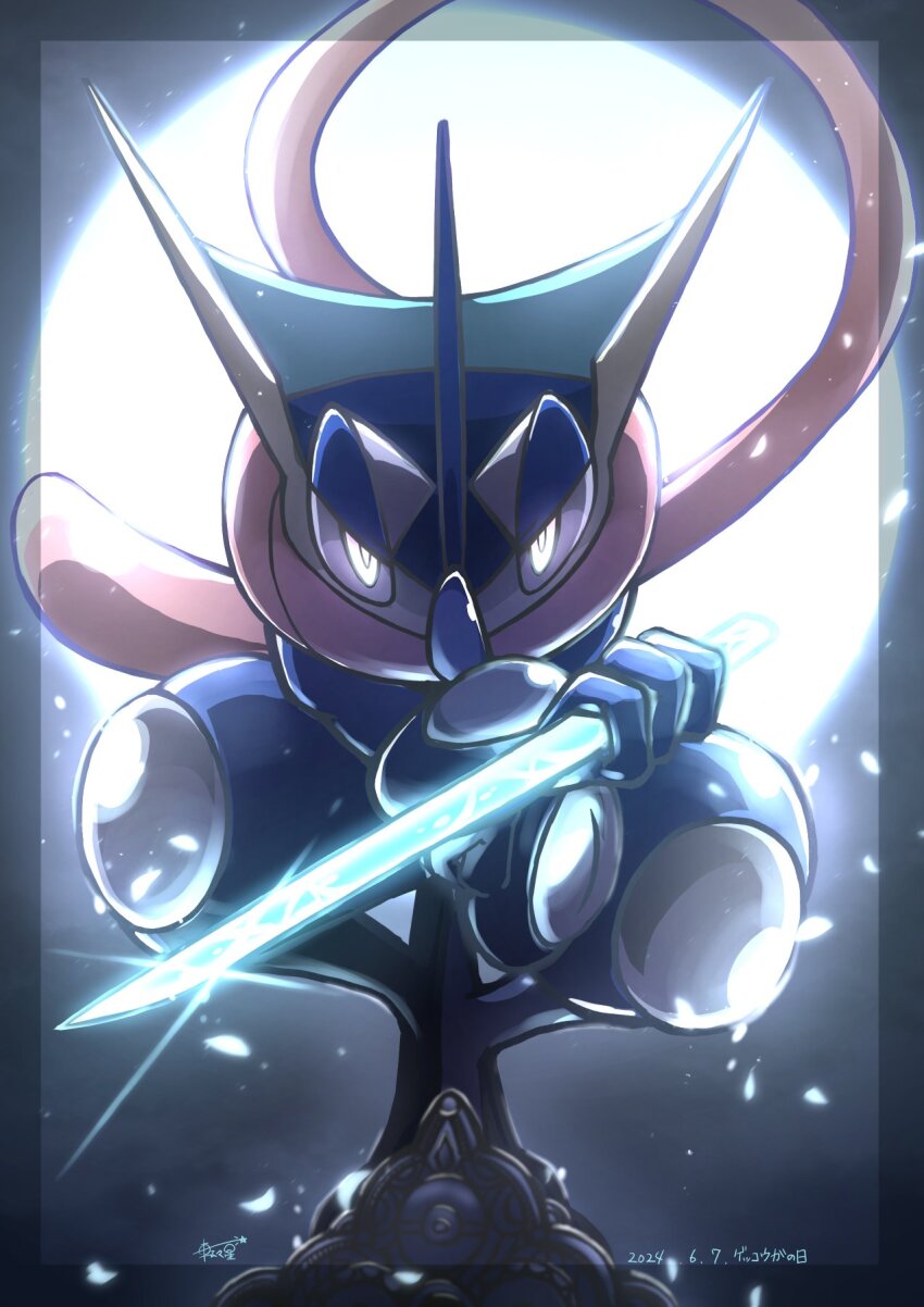 blue_skin, colored_skin, dated, gen_6_pokemon, glowing, glowing_eyes, greninja, half-closed_eyes, highres, holding, hosi_koro, looking_at_viewer, nintendo, petals, pokemon, pokemon_(creature), solo, tongue