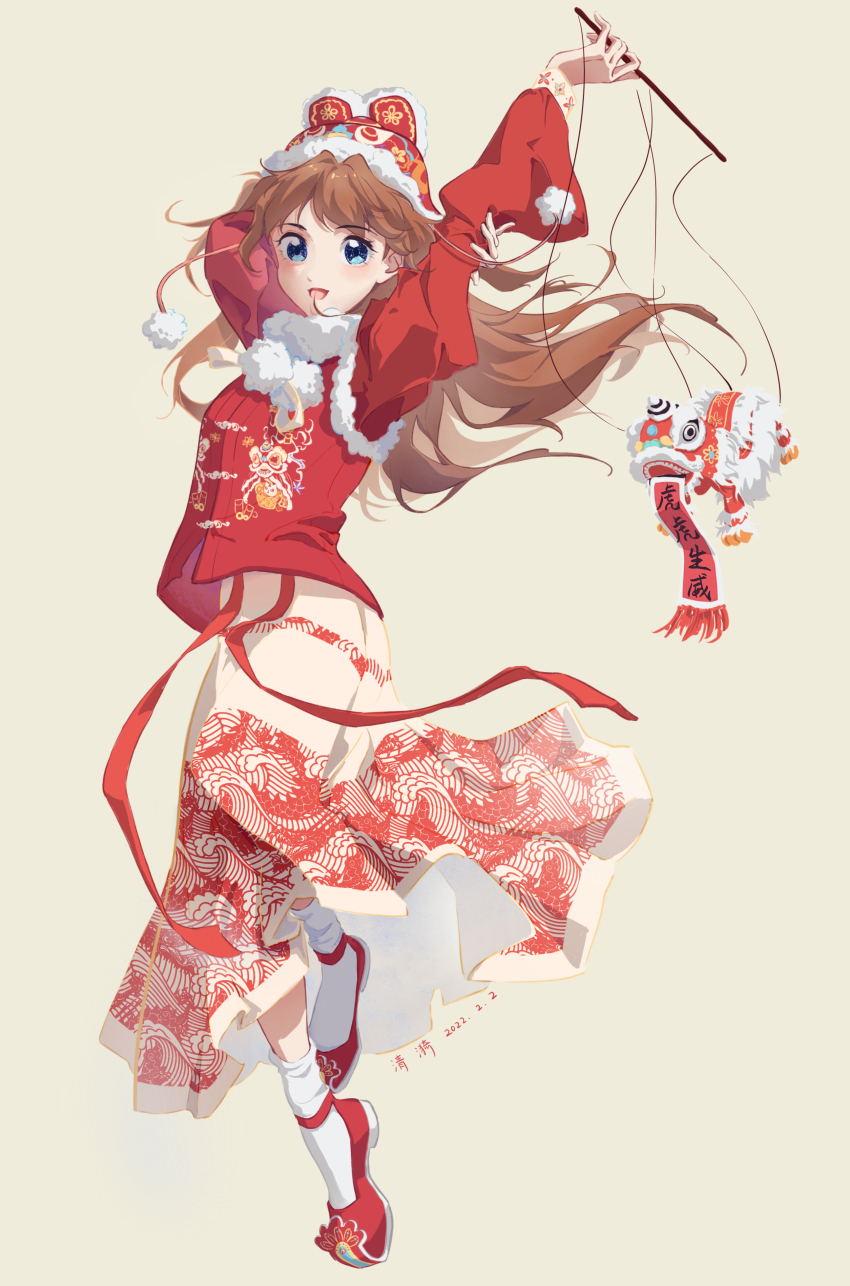 1girl, absurdres, aoqun, blue_eyes, brown_hair, chinese_clothes, full_body, hanfu, hat, highres, hutou_hat, long_hair, long_sleeves, looking_at_viewer, neon_genesis_evangelion, open_mouth, qingyi_april, simple_background, socks, solo, souryuu_asuka_langley, two_side_up