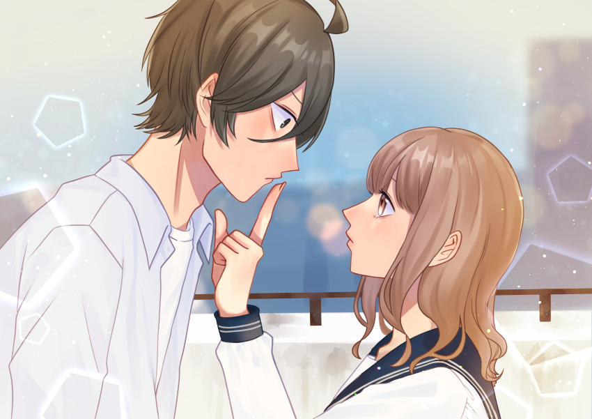 1boy, 1girl, absurdres, ahoge, blurry, blurry_background, brown_hair, commentary