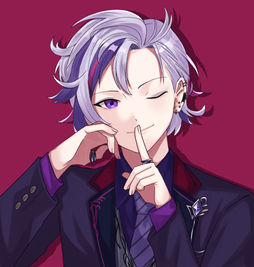 1boy, ;), absurdres, ear_piercing, fuwa_minato, fuwa_minato_(2nd_costume), grey_hair, hand_up
