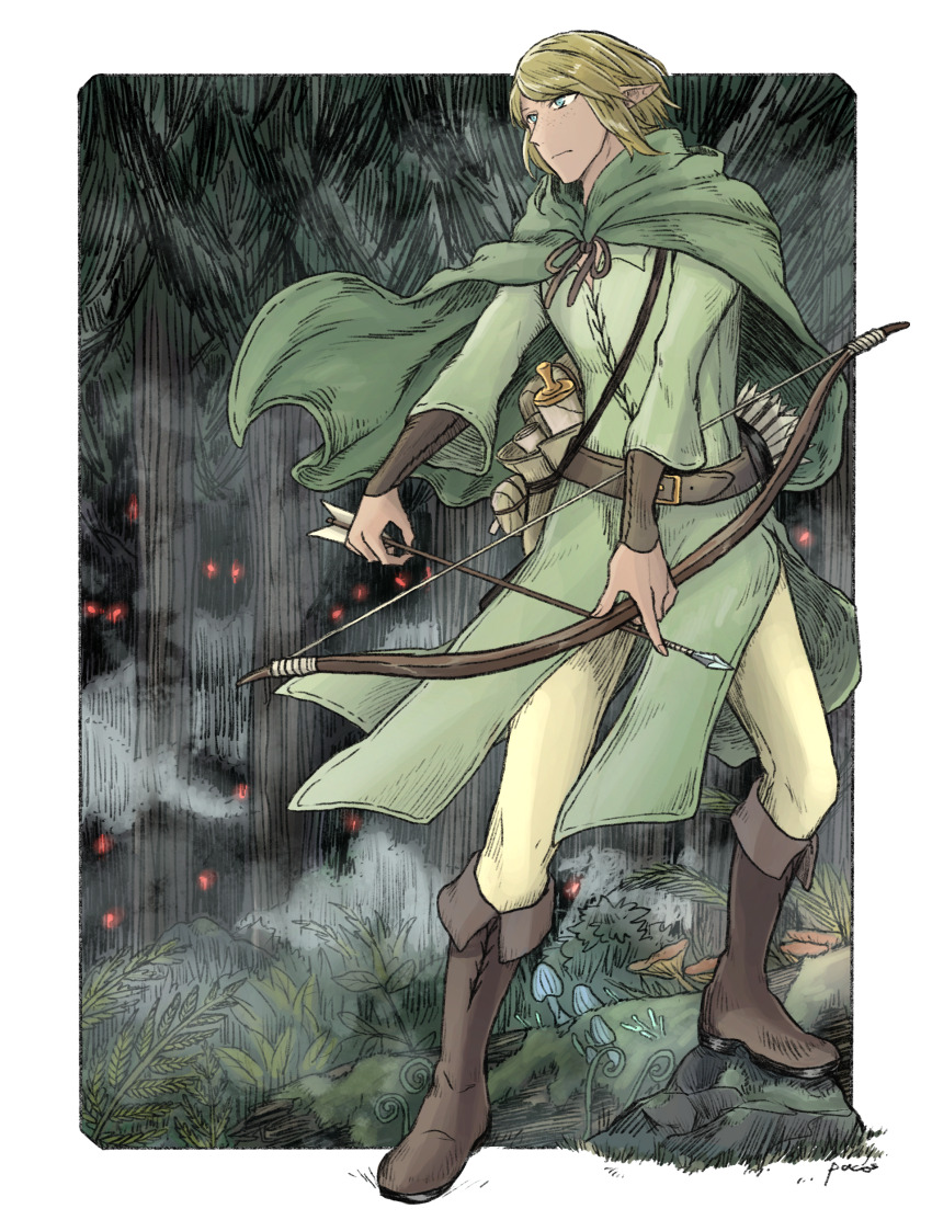 1boy, 90n_pacos, absurdres, arrow_(projectile), artist_name, belt, blonde_hair, boots, bow_(weapon), brown_boots, cape, elf, forest, freckles, glowing, glowing_eyes, green_cape, green_eyes, highres, holding, holding_bow_(weapon), holding_weapon, male_focus, medium_hair, mushroom, nature, pixiv_fantasia, pixiv_fantasia_last_saga, pointy_ears, quiver, scroll, solo, tree, weapon