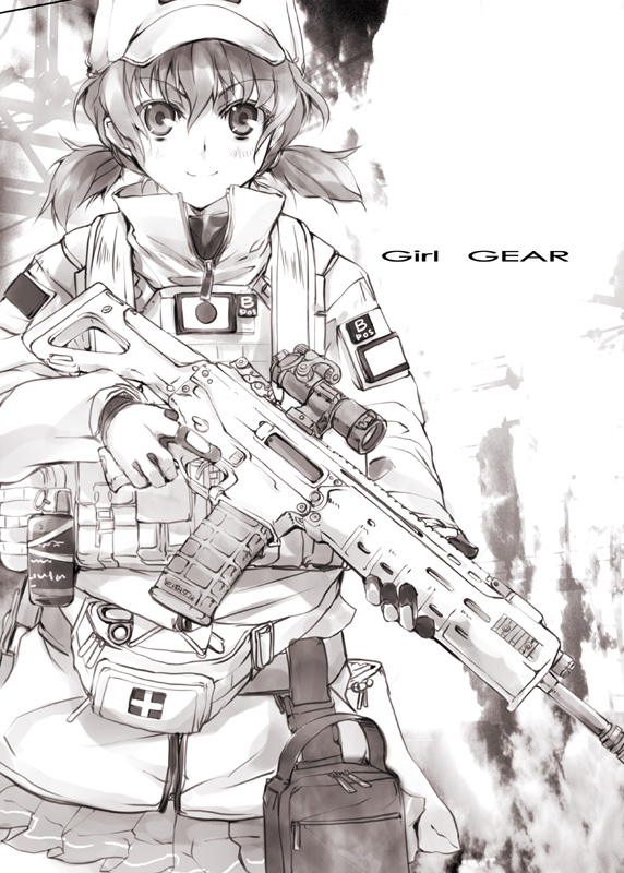 1girl, adaptive_combat_rifle, assault_rifle, blush, delusion_overdose, female_focus, gloves, greyscale