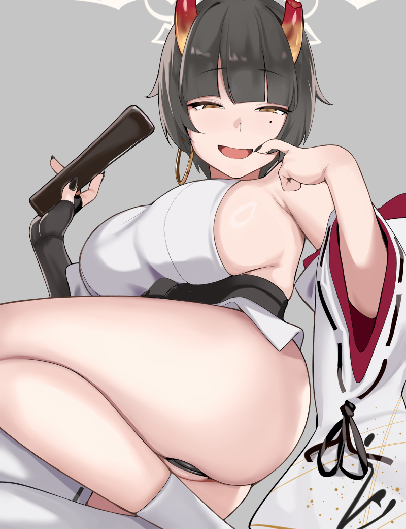 1girl, ass, asymmetrical_legwear, black_nails, black_panties, blue_archive, breasts, broken_horn