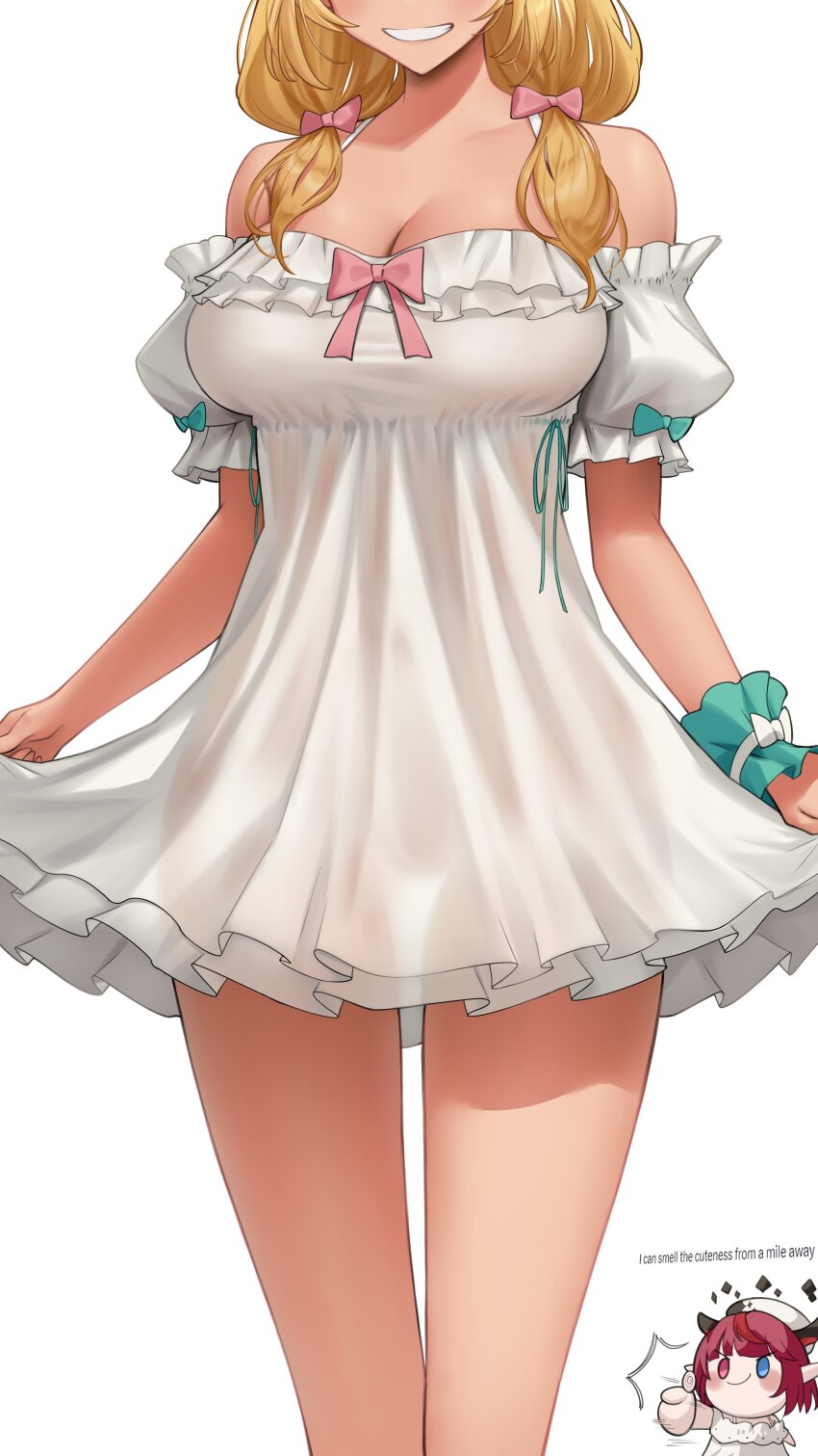 1girl, absurdres, bare_shoulders, blonde_hair, breasts, commentary_request, dark-skinned_female, dark_skin, dress, frilled_dress, frills, highres, hololive, hololive_english, irys_(casualrys)_(hololive), irys_(hololive), large_breasts, long_hair, see-through_clothes, see-through_dress, shiranui_flare, shiranui_flare_(loungewear), simple_background, smile, solo, somebody_(leiking00), thumbs_up, twintails, virtual_youtuber, white_background