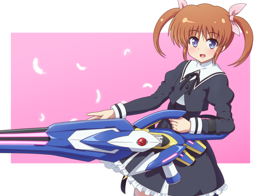 1girl, assault_lily, blue_eyes, brown_hair, cosplay, feathers, highres, holding