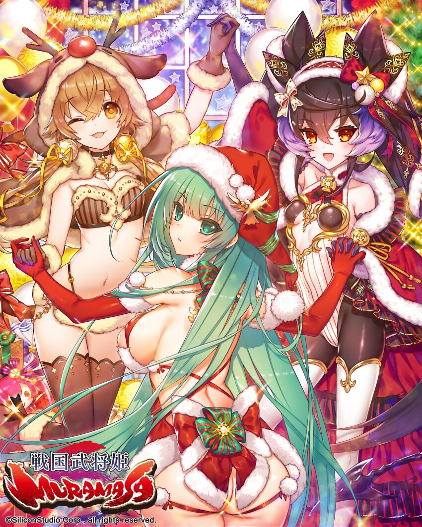 3girls, :d, ;3, animal_ears, ass, back_bow, backboob, balloon