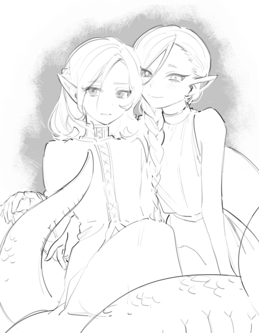 1boy, 1girl, absurdres, bare_shoulders, braid, braided_ponytail, braided_ponytail_lamia_(dungeon_meshi), dungeon_meshi