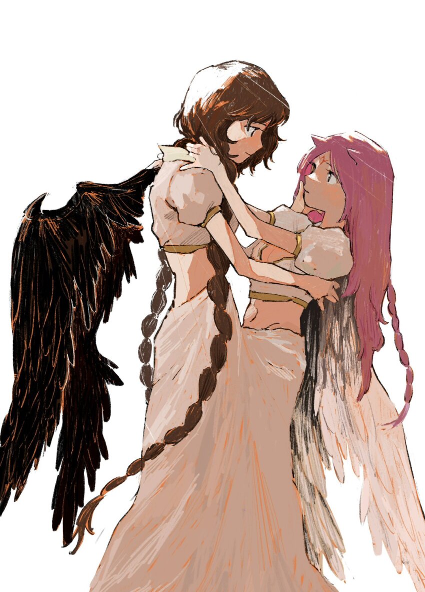 2girls, angel_and_devil, angel_wings, arba_(magi), black_wings, braid, crop_top, demon_wings