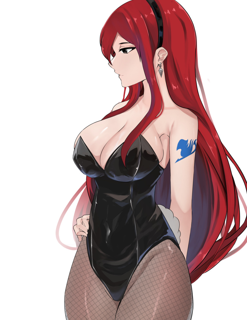1girl, absurdres, arm_behind_back, arm_tattoo, bare_shoulders, biru_saeika, black_hairband, black_leotard, breasts, brown_eyes, cleavage, closed_mouth, earrings, erza_scarlet, facing_to_the_side, fairy_tail, fishnet_pantyhose, fishnets, hairband, hand_on_own_hip, highres, jewelry, large_breasts, leotard, long_hair, looking_ahead, pantyhose, playboy_bunny, rabbit_tail, red_hair, simple_background, solo, tail, tattoo, very_long_hair, white_background