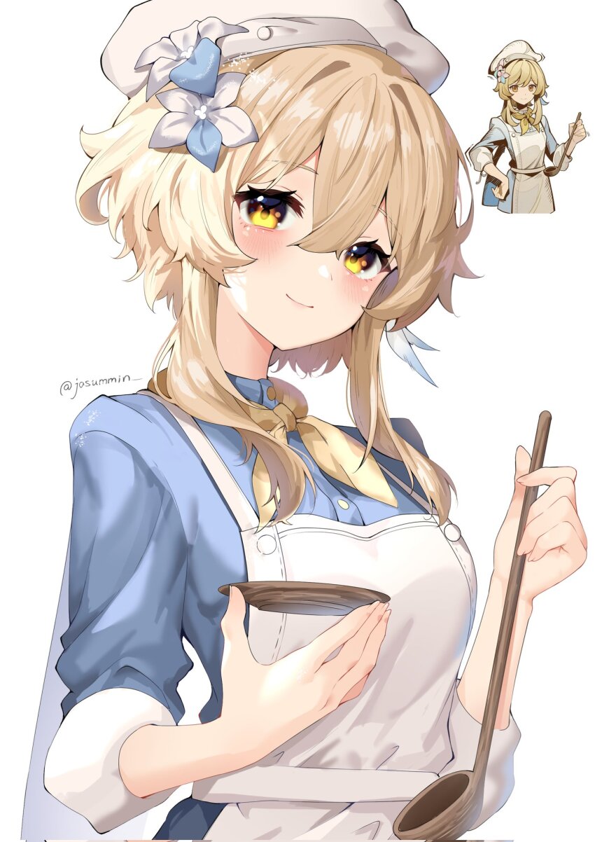 1girl, apron, blonde_hair, blue_shirt, chef_hat, closed_mouth, commentary_request, dress_shirt