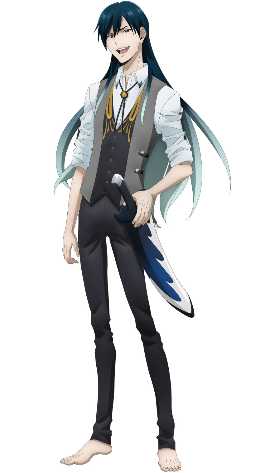 1boy, absurdres, barefoot, black_eyes, black_pants, blue_hair, dakai_the_magpie, grey_jacket, highres, ishura, jacket, long_hair, looking_at_viewer, male_focus, open_mouth, pants, shirt, smile, sword, tongue, transparent_background, very_long_hair, weapon, white_shirt