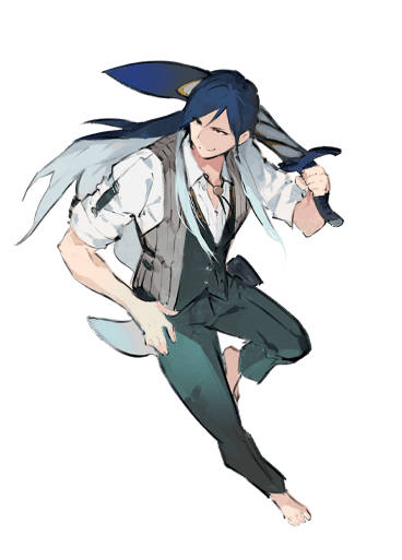 1boy, barefoot, black_eyes, black_pants, blue_hair, dakai_the_magpie, grey_jacket, ishura