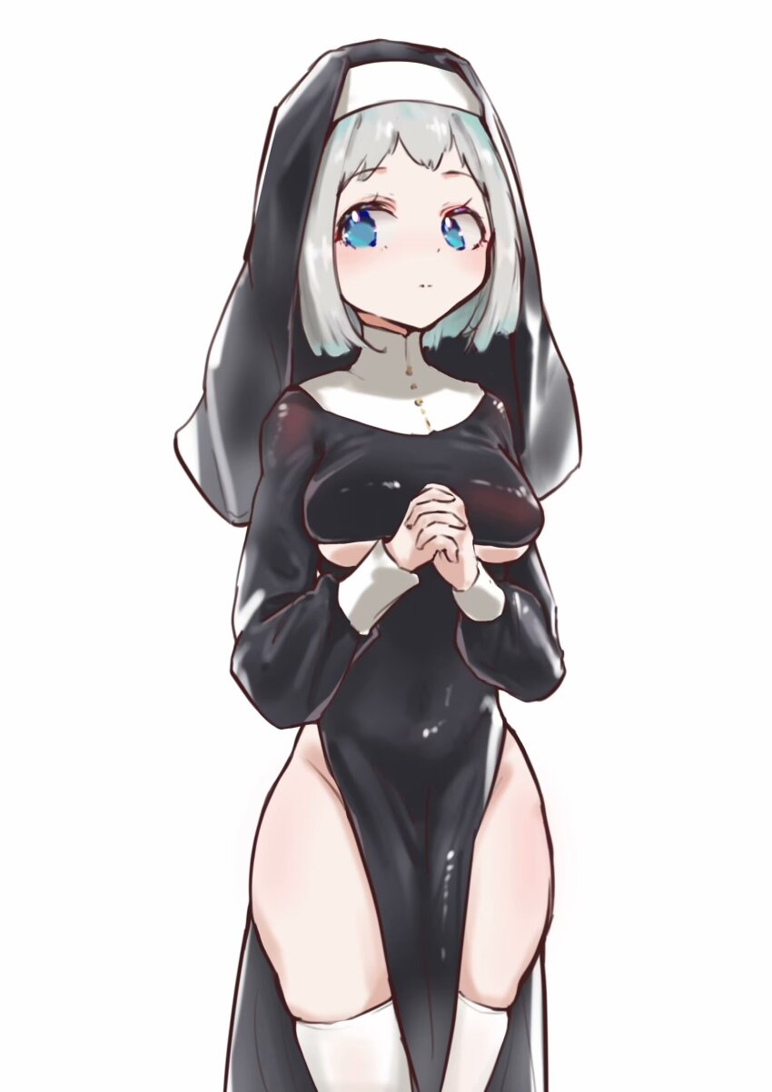 1girl, alternate_costume, black_dress, blue_eyes, breasts, commentary_request, dress, gakuen_idolmaster, grey_hair, groin, habit, highres, idolmaster, interlocked_fingers, katsuragi_lilja, looking_at_viewer, nun, nun_headdress, own_hands_together, pelvic_curtain, sideways_glance, simple_background, solo, thighhighs, toqin_(munm2577), underboob, white_background, white_thighhighs