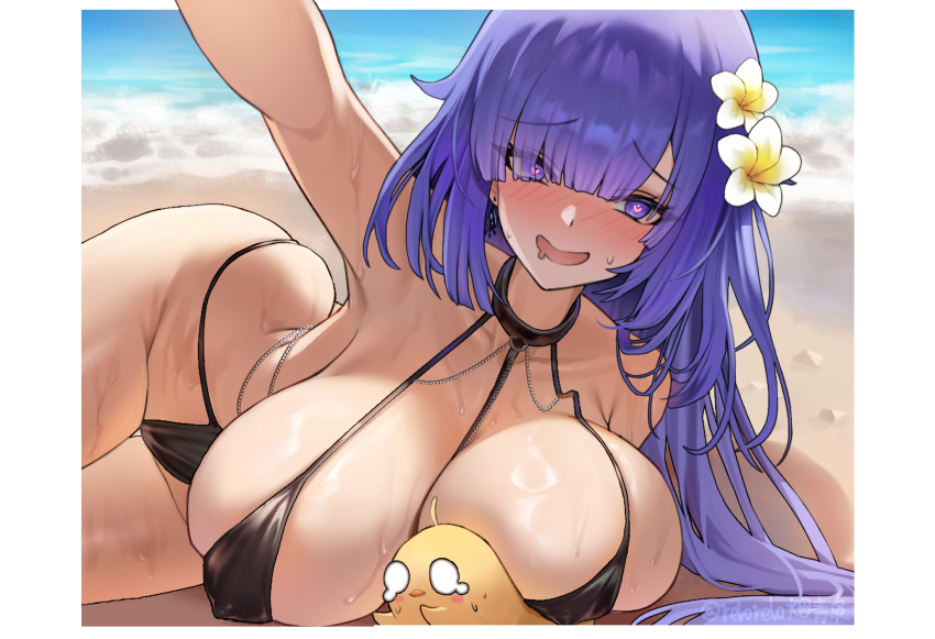 1girl, azur_lane, bare_shoulders, beach, black_one-piece_swimsuit, blush, breasts, dylanlin, flower, hair_flower, hair_ornament, hair_over_one_eye, heart, heart-shaped_pupils, highres, large_breasts, long_hair, looking_at_viewer, manjuu_(azur_lane), mogador_(azur_lane), mogador_(locker_room_lechery)_(azur_lane), mole, mole_on_breast, navel, official_alternate_costume, one-piece_swimsuit, open_mouth, purple_eyes, purple_hair, swimsuit, symbol-shaped_pupils, very_long_hair, white_flower