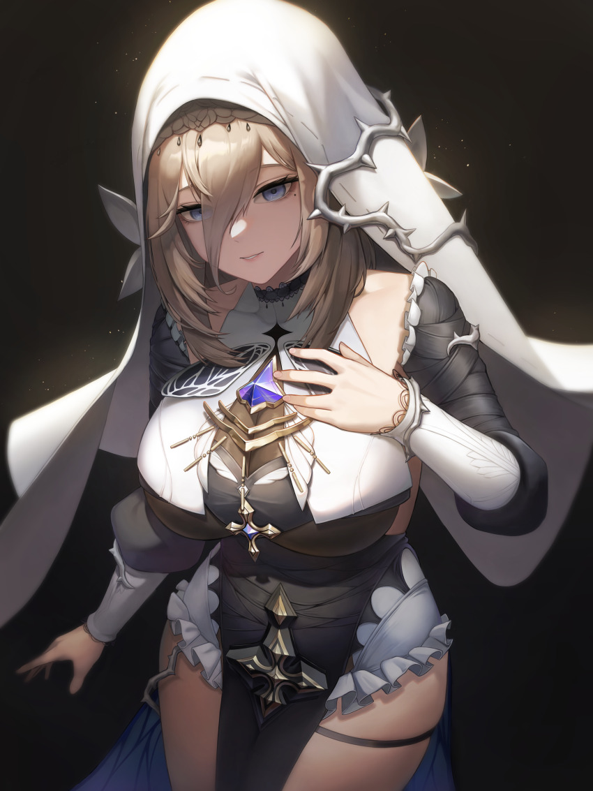 1girl, absurdres, aponia, bare_legs, black_background, black_collar, black_sleeves, blonde_hair