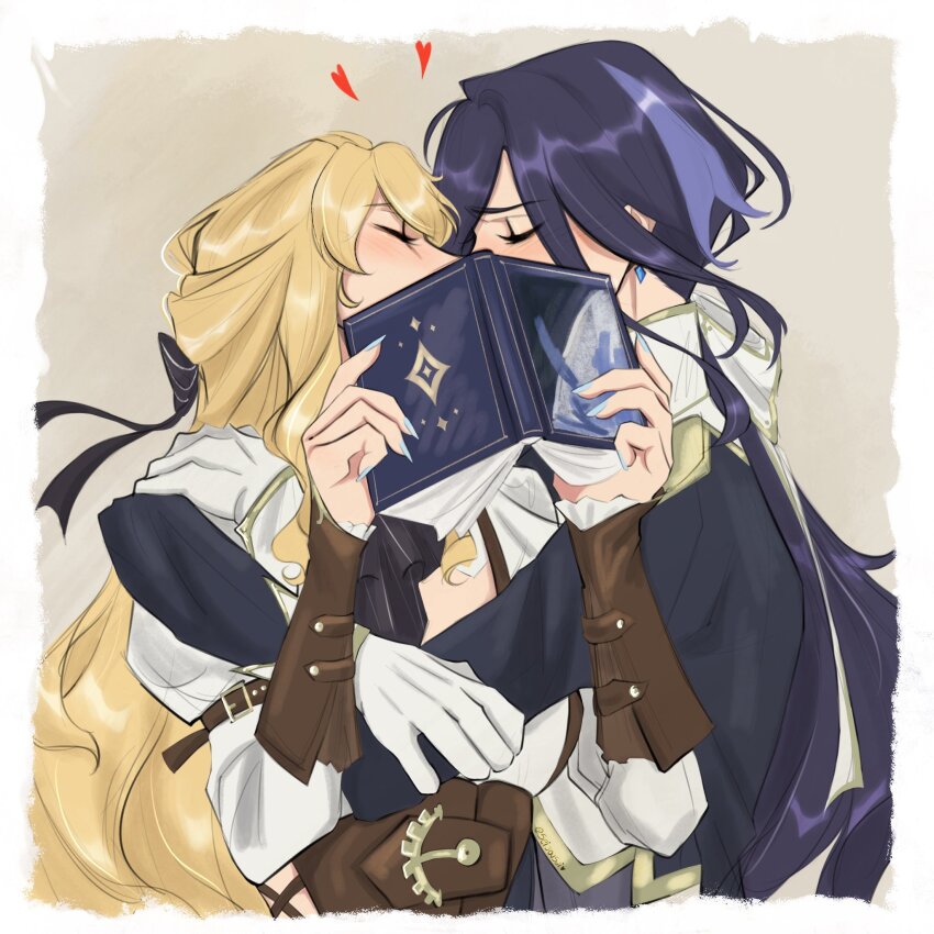 2girls, arms_around_neck, belt, blonde_hair, book, clorinde_(game_master)_(genshin_impact), clorinde_(genshin_impact), closed_eyes, genshin_impact, gloves, hair_ribbon, heart, highres, holding, holding_book, holding_notebook, implied_kiss, long_sleeves, multicolored_hair, multiple_girls, nail_polish, navia_(genshin_impact), navia_(marechaussee_hunter)_(genshin_impact), notebook, purple_hair, ribbon, seijousai, streaked_hair, yuri