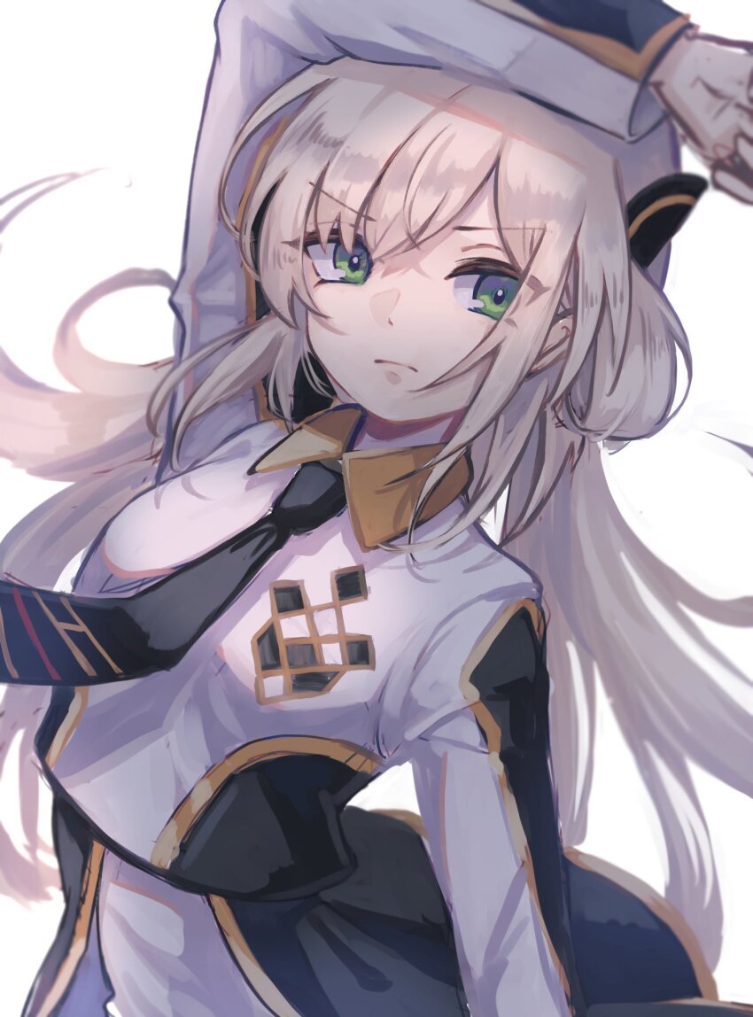 1girl, black_necktie, blonde_hair, breasts, closed_mouth, collared_dress, dress, duel_monster