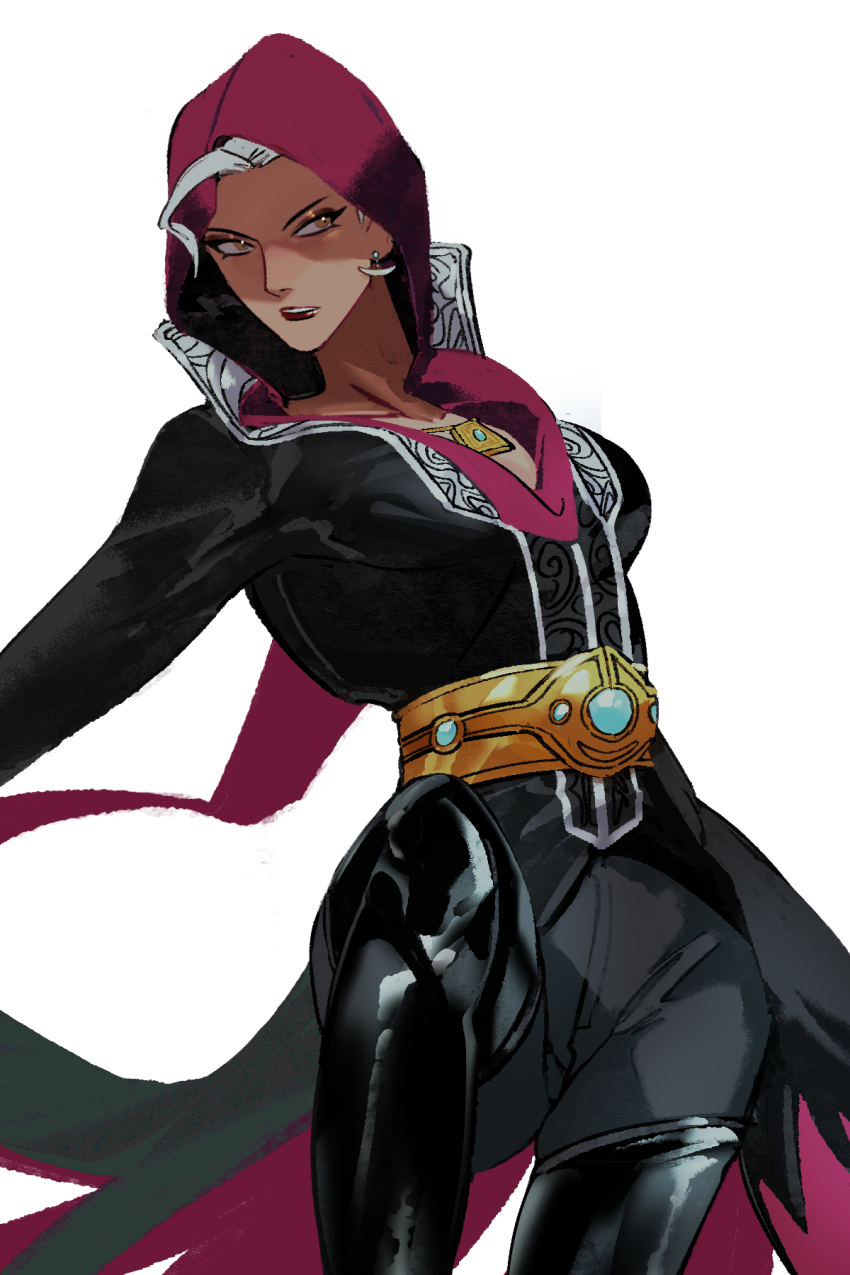 1girl, belt, black_gloves, breasts, dark-skinned_female, dark_skin, dress, earrings