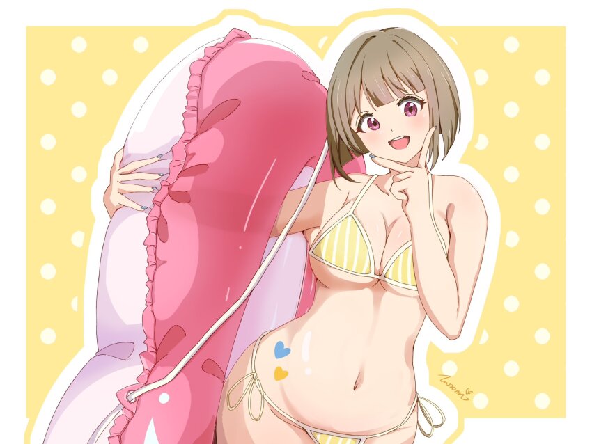 1girl, alternate_breast_size, bikini, border, breasts, cleavage, commentary_request, grey_hair, groin, hand_on_own_chin, hand_up, heart, heart_sticker, highres, holding, holding_swim_ring, innertube, looking_at_viewer, love_live!, love_live!_nijigasaki_high_school_idol_club, luozomi, medium_breasts, nakasu_kasumi, navel, open_mouth, outline, outside_border, polka_dot, polka_dot_background, red_eyes, short_hair, solo, standing, sticker, stomach, swim_ring, swimsuit, teeth, upper_body, upper_teeth_only, v, white_border, yellow_background, yellow_bikini