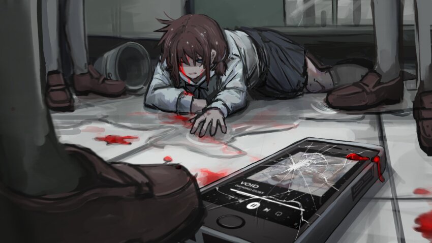 4girls, black_skirt, blood, blood_on_clothes, blood_on_face, blood_on_phone, blue_eyes, brown_hair, bucket, bullying, commentary, cracked_screen, english_commentary, girls_band_cry, highres, injury, iseri_nina, long_sleeves, low_twintails, lying, lying_on_water, medium_hair, multiple_girls, on_side, one_eye_closed, phone, pleated_skirt, puddle, sad_bocchi, shirt, short_twintails, skirt, twintails, water, white_shirt