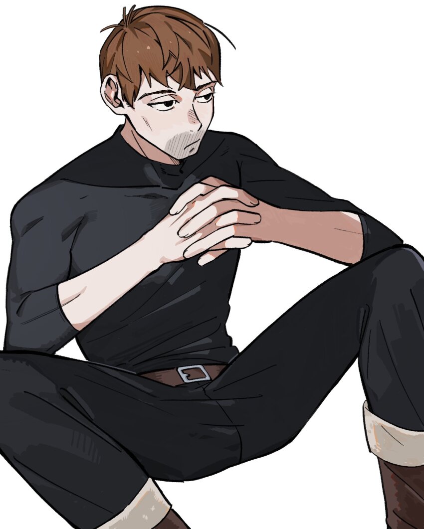 1boy, alternate_species, ashui_ashui, beard_stubble, black_eyes, black_shirt, brown_hair, chilchuck_tims