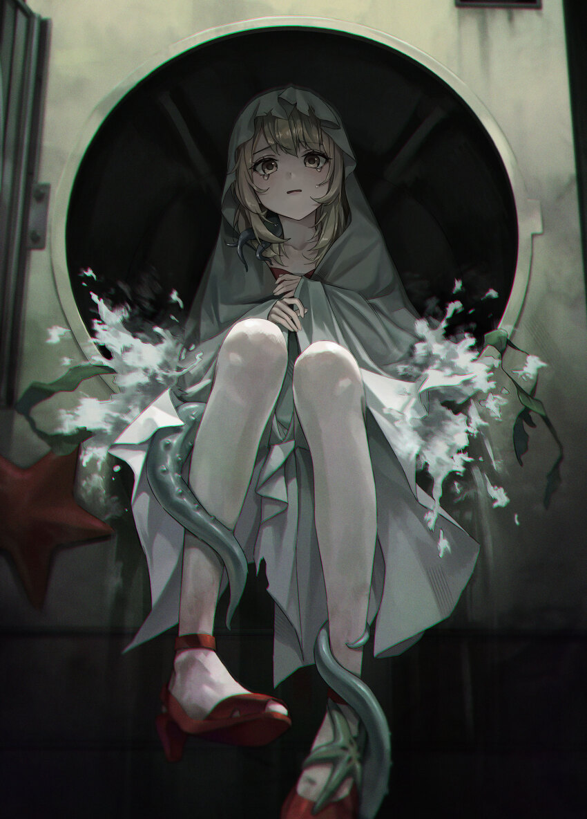 1girl, absurdres, anklet, blonde_hair, from_below, full_body, furrowed_brow, ghost_costume, high_heels, highres, jewelry, looking_at_viewer, ly_7317, medium_hair, pale_skin, poltergeist_(reverse:1999), red_footwear, reverse:1999, seaweed, sheet_ghost, sitting, solo, starfish, tearing_up, tentacles, under_covers, water, wet, yellow_eyes