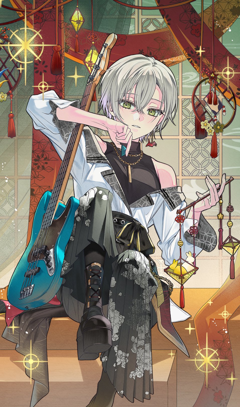 1girl, bass_guitar, black_boots, black_pants, black_shirt, black_socks, boots, chain, commentary, crossed_bangs, english_commentary, fender_jazz_bass, floral_print, gold_chain, green_eyes, grey_hair, high-waist_pants, highres, hinomori_shiho, holding, holding_plectrum, instrument, justice_(tarot), kawaranu_atatakasa_no_tonari_de_(project_sekai), lace-up_boots, looking_at_viewer, moro_(from_m0r0), origami, pants, paper_crane, parted_lips, platform_boots, platform_footwear, pleated_pants, plectrum, project_sekai, shirt, short_hair, sitting, sleeveless, sleeveless_shirt, socks, solo, sparkle, tarot, turtleneck, turtleneck_shirt, white_shirt