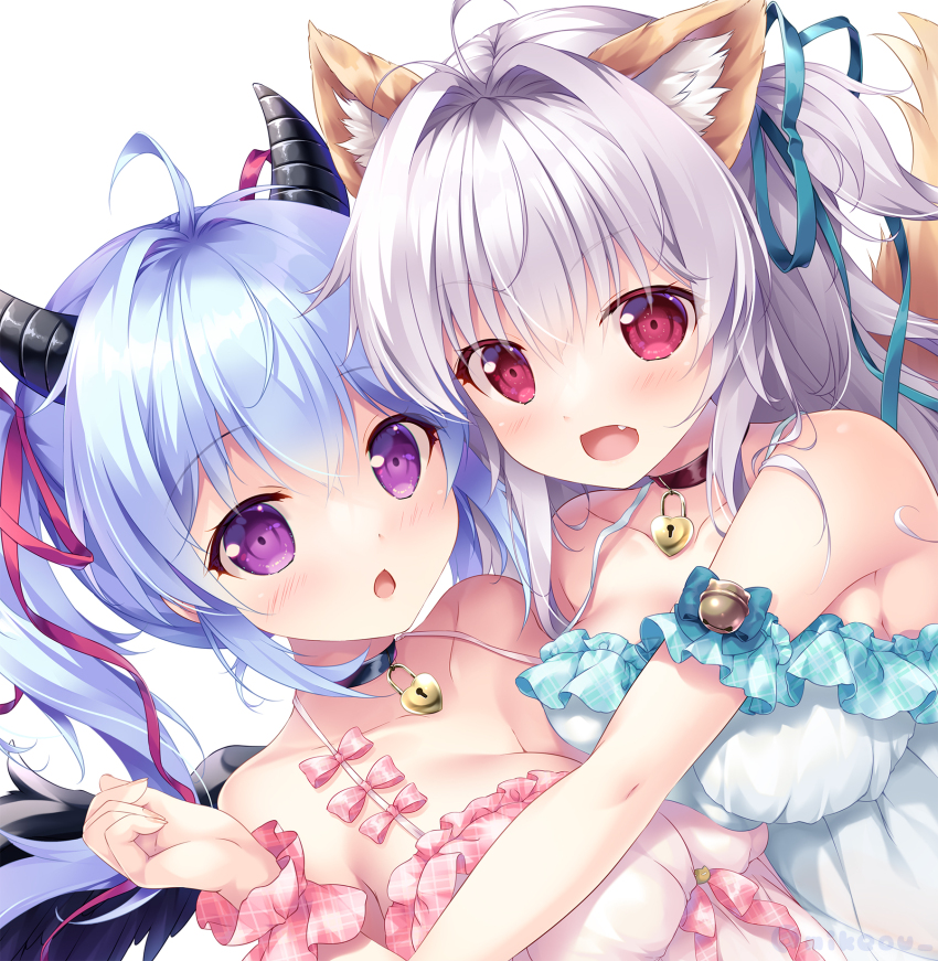 2girls, ahoge, animal_ear_fluff, animal_ears, aqua_dress, aqua_ribbon, bare_shoulders, bell