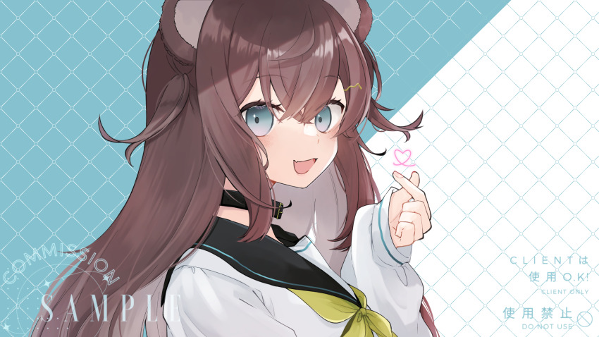 1girl, animal_ears, bear_ears, bear_girl, blue_eyes, brown_hair, collar, commission, fang, finger_heart, hair_ornament, hairclip, highres, indie_virtual_youtuber, kumae_riko, long_hair, long_sleeves, looking_at_viewer, nanana_kaya, open_mouth, sample_watermark, school_uniform, serafuku, skeb_commission, smile, solo, two_side_up, virtual_youtuber, watermark