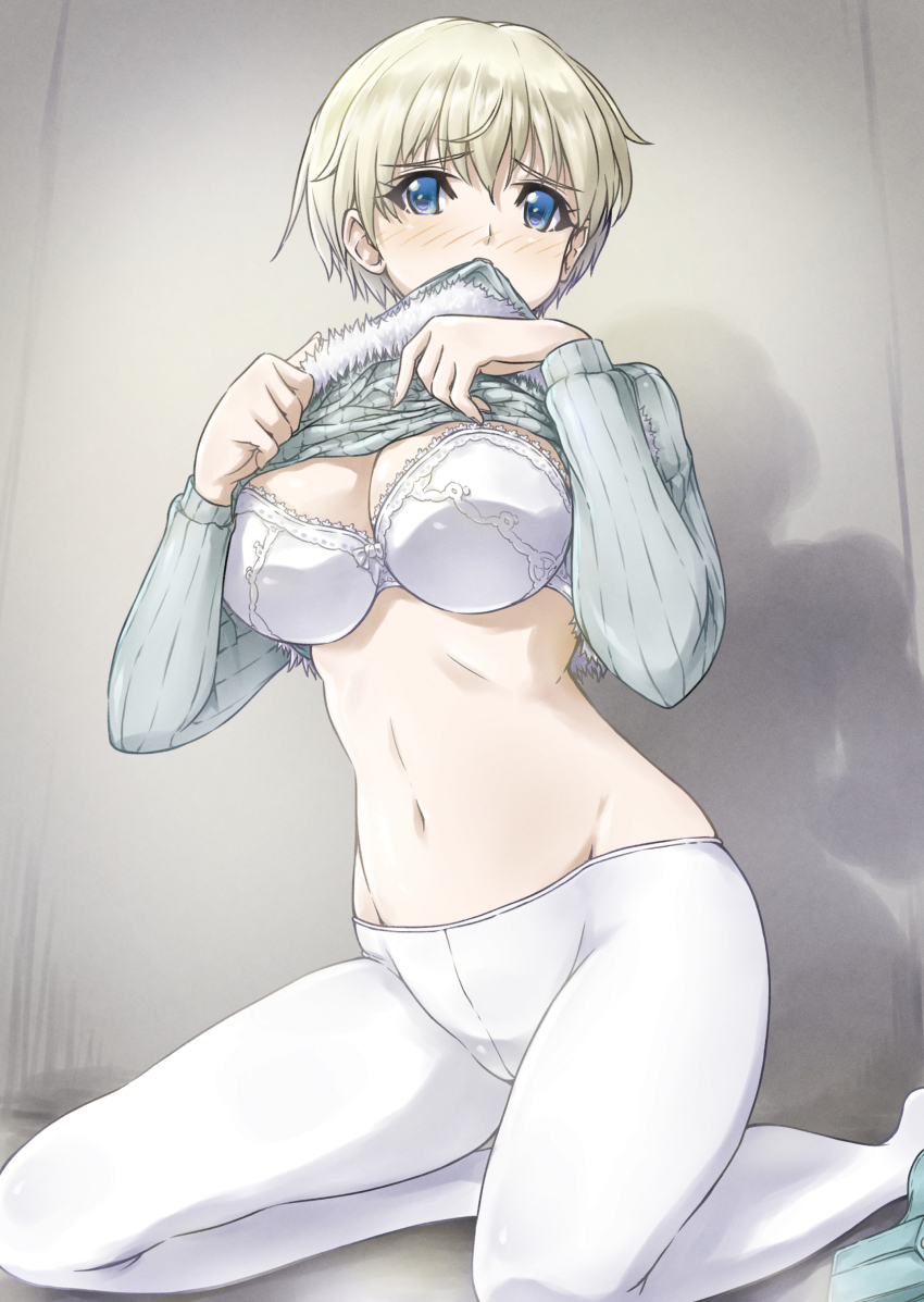 1girl, absurdres, blonde_hair, blue_eyes, blush, bra, brave_witches, breasts