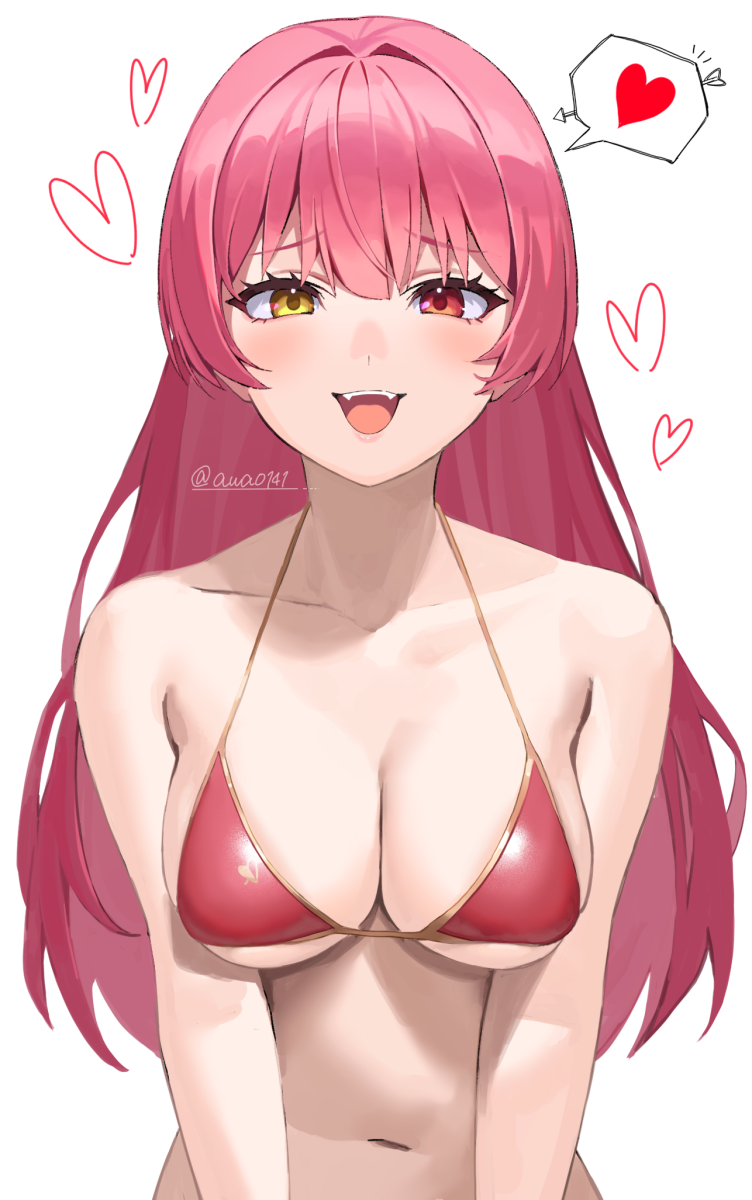 1girl, awa_(awao141), bikini, breasts, cleavage, hair_down, heart, heterochromia